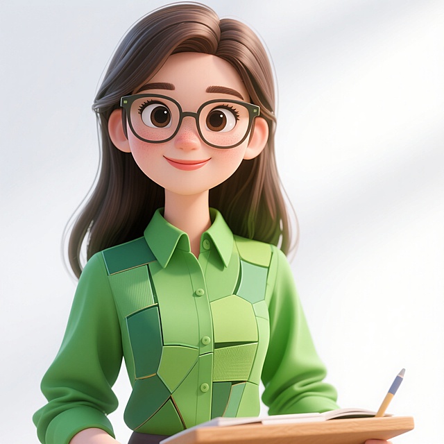 软3D风格的卡通女孩，戴眼镜穿绿色拼接衬衫，手持笔记本，清新可爱，充满舒适感与轻拟物设计细节。