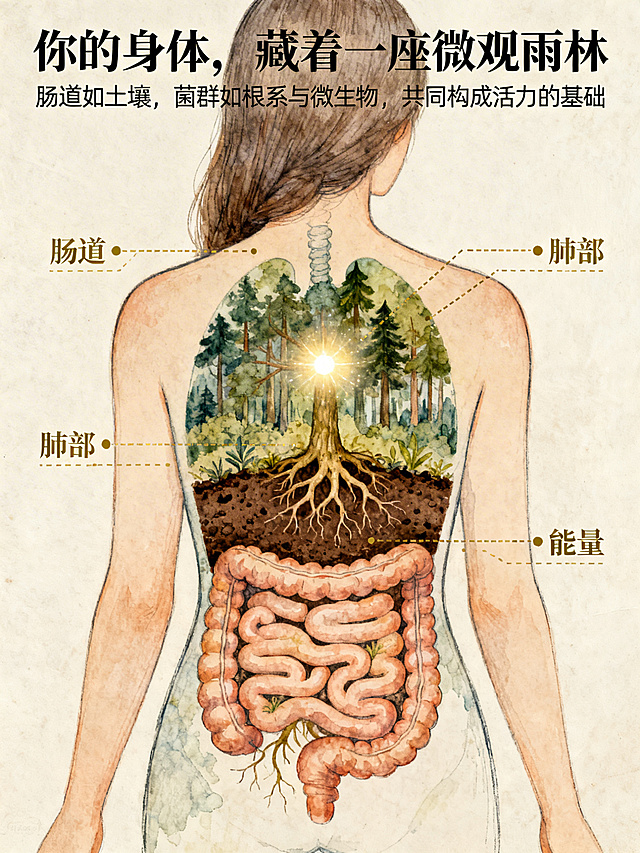 一幅艺术化的“身体风景地图”。以女性优雅的背部或侧影轮廓为画布，轮廓内不是器官，而是微缩景观：肠道区域是肥沃的土壤与根系；上方有森林，代表肺部；中心有发光点，代表能量。用哑光金虚线标注区域名称。执行：插画风格，类似博物学手稿，精致而有想象力。	标题：你的身体，藏着一座微观雨林正文：肠道如土壤，菌群如根系与微生物，共同构成活力的基础。