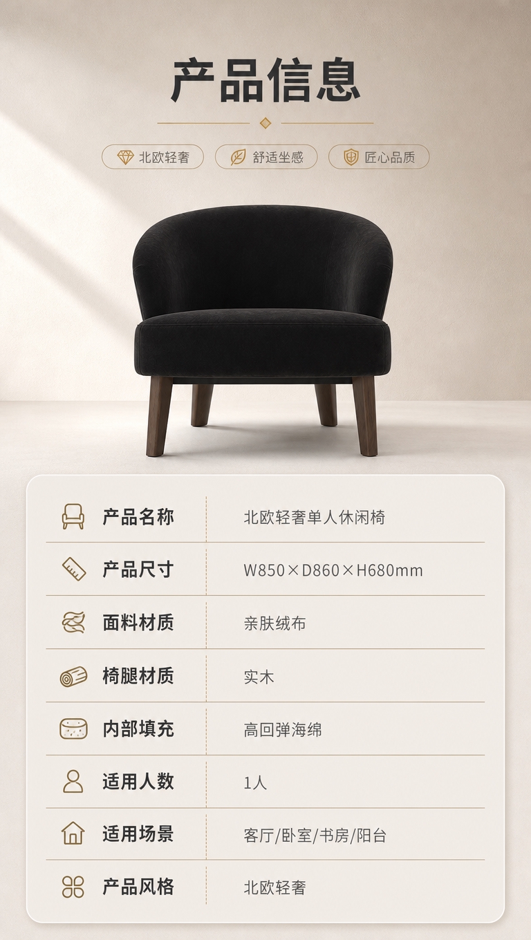 [商品] 使用【图1】黑色绒布单人休闲椅；保留完整外形、黑色绒… - 图片创意预览