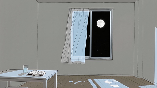 二次元，黑夜，月亮，房间内，氛围孤独、落寞，浅灰色、淡蓝色，不要人，细节丰富，16:9，生成二张
