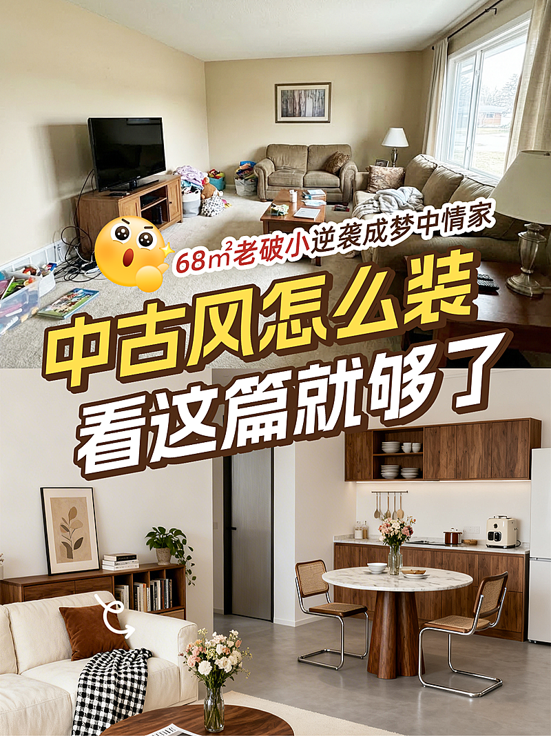 中古风家居家装旧房改造对比拼图小红书封面