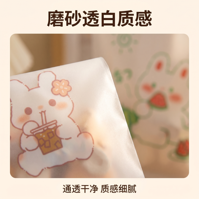 [主图 3] 材质细节展示-磨砂透白质感
[氛围风格] 温馨舒适家居治愈风
[画质] 商业摄影质感、光线柔和通透、产品清晰真实、画面干净高级
[元素] 放大展示收纳袋局部材质，侧逆光突出磨砂透白的质感预览效果