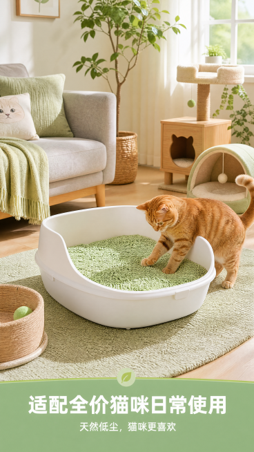 [第7屏] 猫咪居家使用场景展示屏。
[氛围/风格] 温馨自然居家场景，温暖清新，突出产品适配日常养猫生活，真实生活质感。
[元素布局] 画面中心放置敞开式猫砂盆，本款木薯猫砂装在猫砂盆中，一只可爱橘预览效果