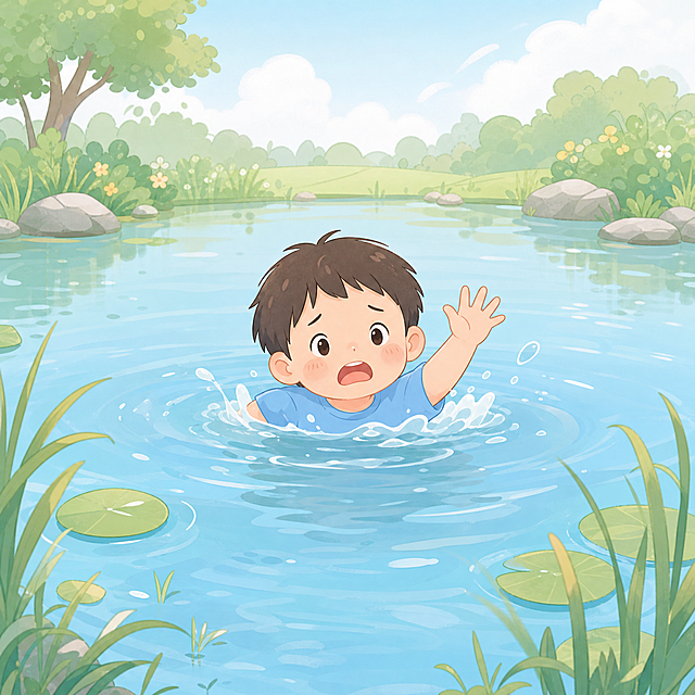 1:1正方形构图，清新柔和动漫平涂插画风格，儿童防溺水安全科普示意图，画面中只有一名可爱的卡通孩童在池塘水中央，表现出需要帮助的状态，无任何其他人物，整张画面无文字无标语无水印，低刺激温和画风，不渲染惊悚痛苦画面，无血迹无淤青无狰狞扭曲表情，浅马卡龙柔和配色，简约户外池塘背景，柔和日间自然光，线条干净简约，少儿安全教育插画质感，画面克制不压抑，仅用作溺水危险科普警示