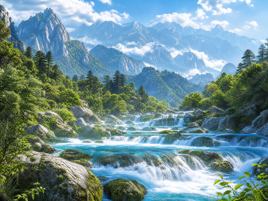 参考提供的图片风格，重新生成自然水源生态环境画面，层叠的泰山山峦作为背景，翠绿植被围绕河流瀑布，闪耀阳光反光，背景宏大，山峦远景添加空气透视和雾效，营造仙境般的清爽健康自然氛围预览效果