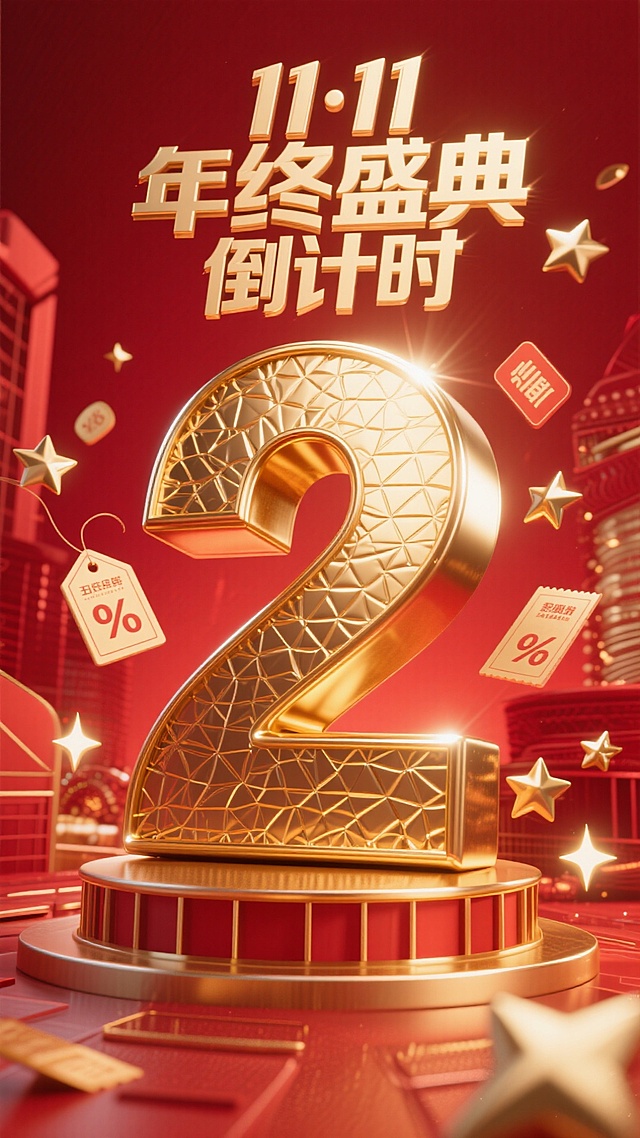 金属艺术字体设计“11·11年终盛典 倒计时2天”中的“2”要大突出，成为画面主体，金色金属质感，红色背景，活动氛围，促销元素包围