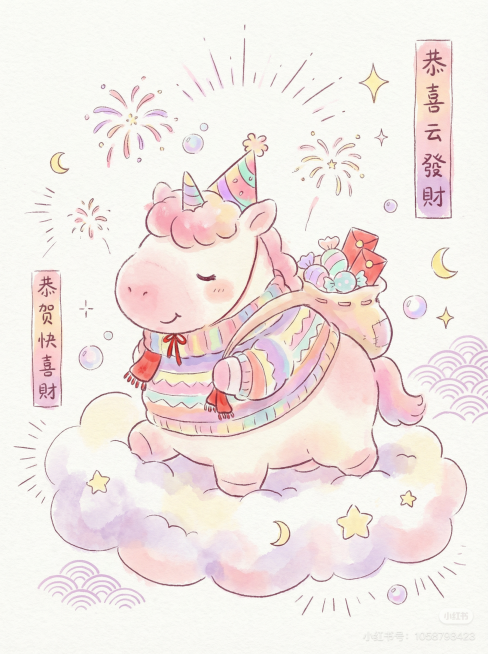 风格 参考图1 生成插画  主要主题是喜气洋洋小马主题(新年主题）  轻松自由氛围
🔹 色彩维度
主色调：樱花粉、淡芋紫、奶白、鹅黄
色彩属性：马卡龙色系、低饱和度、柔和渐变、高亮度、粉紫撞色
🔹预览效果