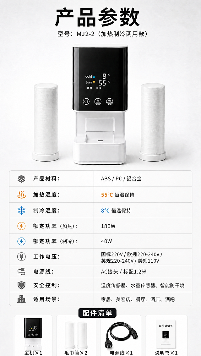 修复底部配件清单的四个中文文字，确保文字完整不缺字，从左到右分别为：主机×1、毛巾筒×2、电源线×1、说明书×1；字体、大小、颜色、位置与原图风格保持一致；同时修复说明书小图封面上的缺字，改为完整的"使用说明书"字样；其余所有内容、布局、产品、参数表均保持完全不变。