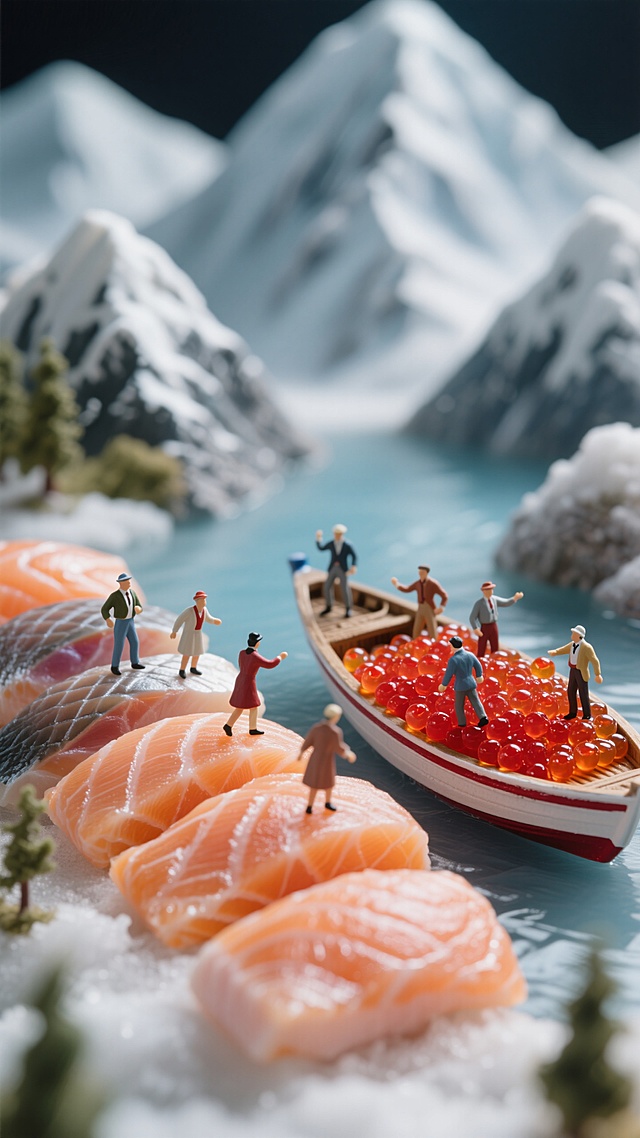 微缩艺术风，3D梦幻场景，人物在三文鱼上漫步，船载鱼子酱，清新超现实。