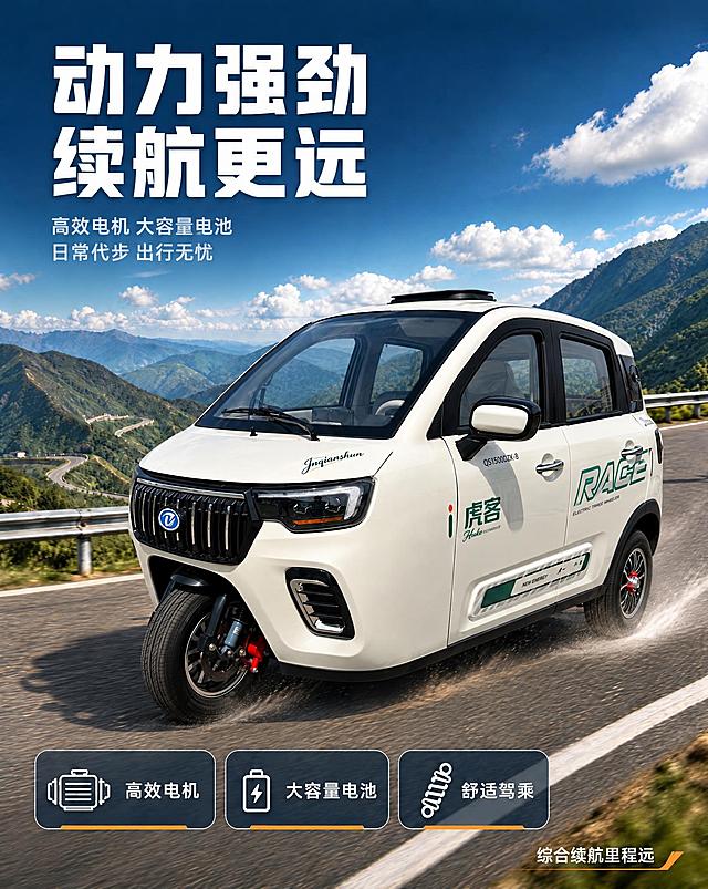 将图一中的白色三轮电动车替换为图二中的白色虎客三轮电动车（前脸为黑色竖条格栅设计，车身侧面有绿色RACE字样和绿色虎客标识，车头有Jnqianshun手写英文字样，车顶有天窗），保持图一的山间盘山公路背景、蓝天白云、阳光、行驶动态效果和轮胎扬起的尘土。保留海报版式，文案适配图二产品：左上角大标题为"动力强劲 续航更远"，副标题小字为"高效电机 大容量电池 日常代步 出行无忧"；底部三个圆角矩形标签从左到右分别为"高效电机""大容量电池""舒适驾乘"，每个标签配有对应白色线条图标；右下角小字为"综合续航里程远"。整体为商业宣传海报风格，高清质感，光影自然，产品与背景融合真实。