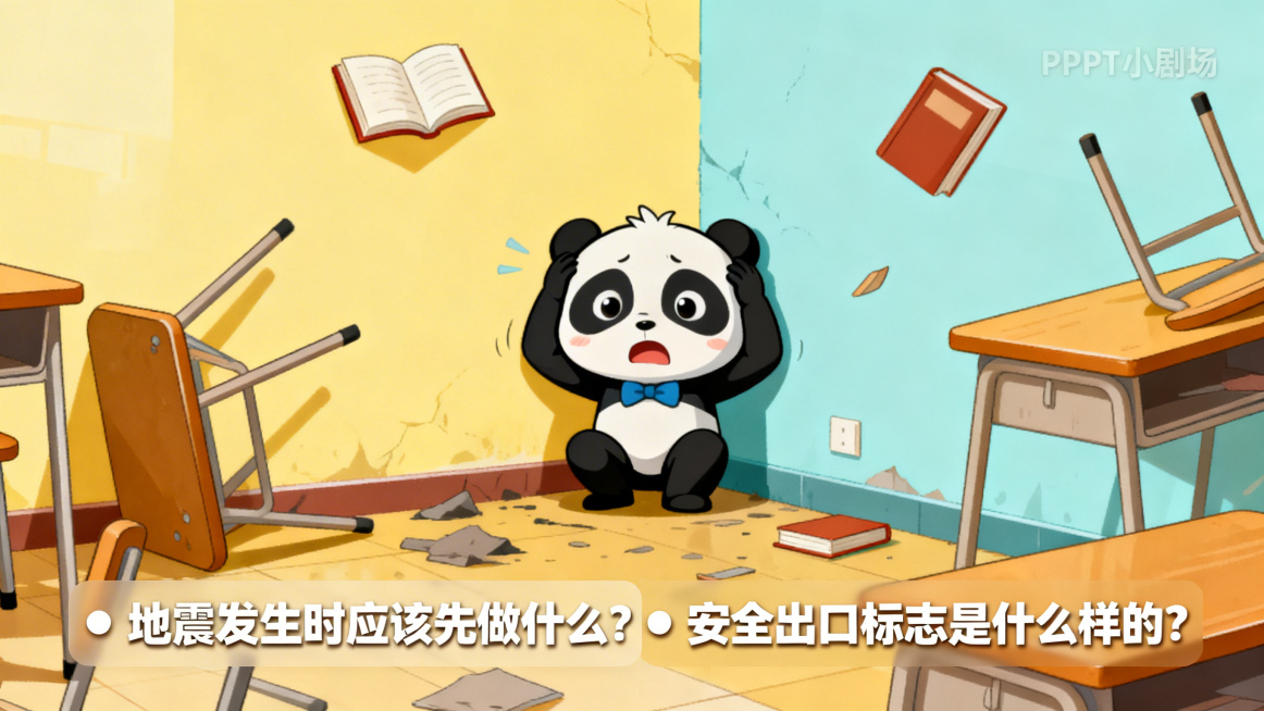 小学生地质灾害科普PPT小剧场页，卡通熊猫达达地震逃生场景，搭配互动提问预览效果