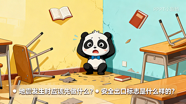 小学生地质灾害科普PPT小剧场页，卡通熊猫达达地震逃生场景，搭配互动提问