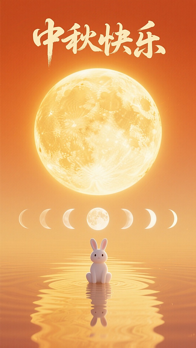 水墨风与软3D结合，梦幻月色映照水面，萌兔静坐波心，中秋佳节温馨可爱，虚实交融尽显东方意境。