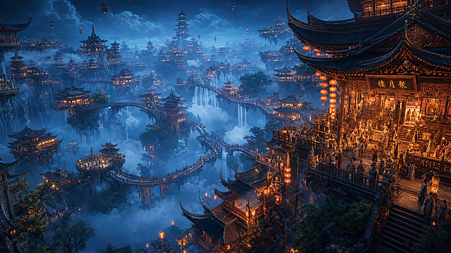 上古东方浮空仙城秘境，云桥飞渡下的千年盛景，史诗级中式美学场景，极繁主义细节，极致多层级空间深邃纵深感，兼具恢弘仙气与市井烟火气，高角度斜向纵深构图，以浮空建筑与云桥为引导线，强化从近景市井到远景浮空城郭的多层级空间延伸感，打造“一眼望穿云城”的深邃透视效果，画面右侧近景的巨型中式主殿，飞檐翘角、雕梁画栋，红灯笼高挂，暖黄灯火通明，殿外平台上的古装人群熙攘热闹，摊位林立，营造出浓郁的市井烟火气，向远方层层延伸的浮空建筑群，依山势错落分布，飞檐楼阁与悬空平台相连，云雾在建筑间弥漫，多座云桥飞跨深渊，连接不同片区的城郭，建筑灯火点点，在雾霭中渐次朦胧，幽蓝色的雾霭夜空，远方的浮空城郭轮廓在薄雾中渐次模糊，云雾与建筑灯火交织，通过建筑的高低错落、雾霭的虚实层次、冷暖光影的对比，极致放大场景的深邃感与空间张力，仙宫的飞檐斗拱、雕花窗棂、青瓦纹理、红灯笼的光晕、云桥的木质结构，细节可放大赏析，雾霭的朦胧流动效果、灯火的光晕层次、市井人群的服饰褶皱与动态，微观层次饱满，采用“近暖远冷、近实远虚”的光影逻辑，近景主殿灯火暖黄明亮，中景建筑灯火在雾霭中朦胧柔和，远景夜空泛着冷调幽蓝，通过明暗对比与虚实渐变强化深邃感，整体光影层次丰富，氛围感拉满，建筑的木质与石材质地、云雾的蓬松流动感、灯火的暖光光晕，8K超写实渲染，极致细节质感，中式仙侠美学，国风史诗，极繁主义构图，秩序井然的元素堆叠，通过多层级空间与光影打造极致深邃感，UE5渲染，8K超清，电影级调色，景深效果，HDR，ultra realistic, epic cinematic，没有西方建筑元素、现代科技、畸形结构、模糊纹理、杂乱色彩、过曝/死黑区域，没有人物畸形肢体，没有破坏空间纵深感的平面化构图