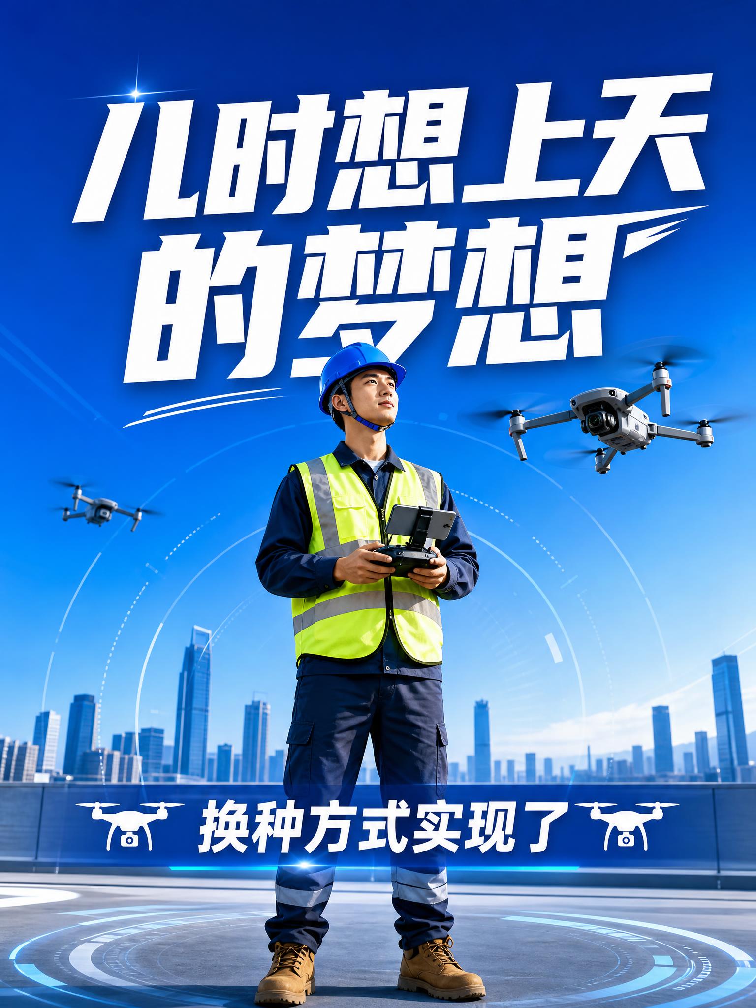 生成一张抖音封面图，蓝色渐变背景，画面中央有一位操作无人机的飞… - 图片创意预览