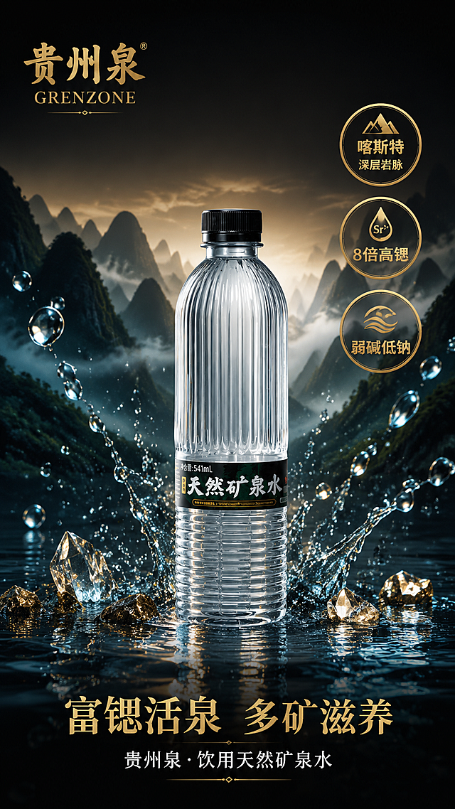 [第1屏] 贵州泉饮用天然矿泉水（富锶型）详情页头图主视觉。本屏使用产品图作为商品主体，保持瓶身竖纹结构、黑色瓶盖、黑绿标签、541ml规格与原图完全一致。
[氛围/风格] 黑金自然高端风，低调奢华，商业摄影质感，黔山喀斯特秘境氛围，清冽通透。
[元素布局] 矿泉水瓶置于画面正中央偏下，占比约50%-55%，瓶身直立，周围有水花飞溅、晶莹水珠环绕；背景为贵州喀斯特山峦剪影，层叠远山，山间有雾气缭绕；前景有水波纹光影和细碎矿物晶体点缀；左上角放置贵州泉GRENZONE品牌LOGO；右侧竖向排列3个金色圆形卖点徽章。
[光影质感] 顶部柔光打亮瓶身，瓶身有明显高光带，体现透明水质感；底部有柔和投影；整体光线通透，黑金对比强烈但不刺眼，金色有哑光金属质感。
[配色色系] 全局底色深墨黑渐变#0A0A0A至#1A1A1A；主色哑光古铜金#B8860B；辅助色深翠绿#1B4D3E（山形剪影）、山泉蓝#2E5A6B（水光）；文字色纯白+金色标题。
[视角构图] 正面平视微仰视，产品为绝对视觉中心，景深适中，背景山峦虚化突出主体；阅读动线左上LOGO→中央产品→右侧卖点→底部标题。
[文字版式] 左上角品牌LOGO「贵州泉 GRENZONE」；底部中央主标题「富锶活泉 多矿滋养」金色大字，副标题「贵州泉·饮用天然矿泉水」白色小字；右侧竖向3个金色圆形徽章，分别写「喀斯特深层岩脉」「8倍高锶」「弱碱低钠」，徽章内文字清晰可读；所有文字不遮挡瓶身主体。
[比例分辨率] 9:16竖版比例，4K分辨率，文字清晰可辨，高清画质。
[负向提示词] 瓶身变形，缺件错件，标签文字错乱，颜色偏差，水印，文字模糊过小，背景杂乱，亮金俗气，产品模糊。