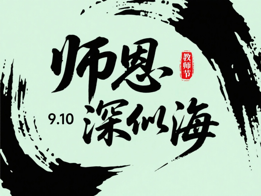 文案“师恩深似海”，小字“9.10”，黑色字体，“教师节”红色印章，浅绿色背景预览效果