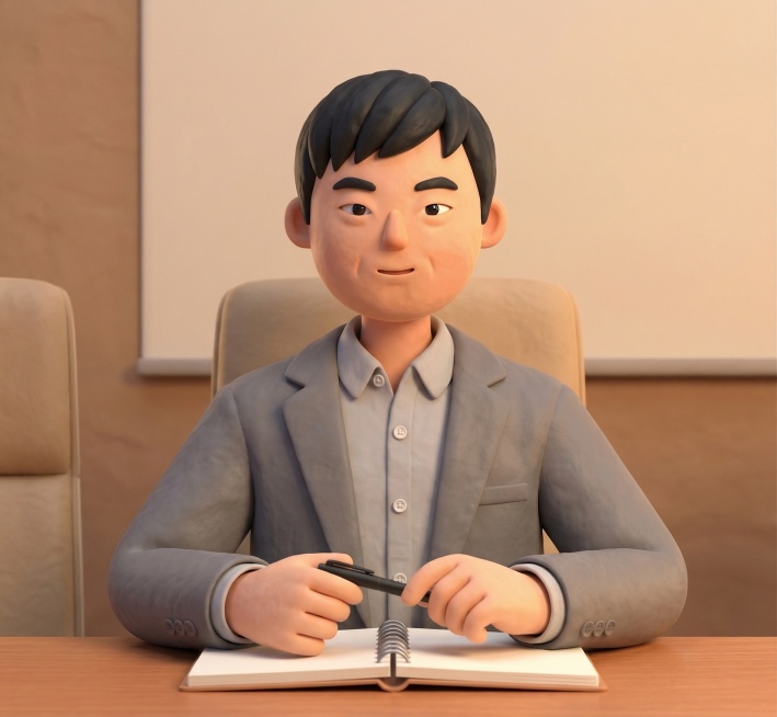 参考图一的3D粘土卡通风格，将图二中的亚洲男性转换为同风格的3D卡通形象，保留图二男士黑色短发发型、面部五官特点、灰色西装搭配浅灰色衬衫的服装细节，以及手持笔放在笔记本上的坐姿动作，柔和粘土质感，只生预览效果