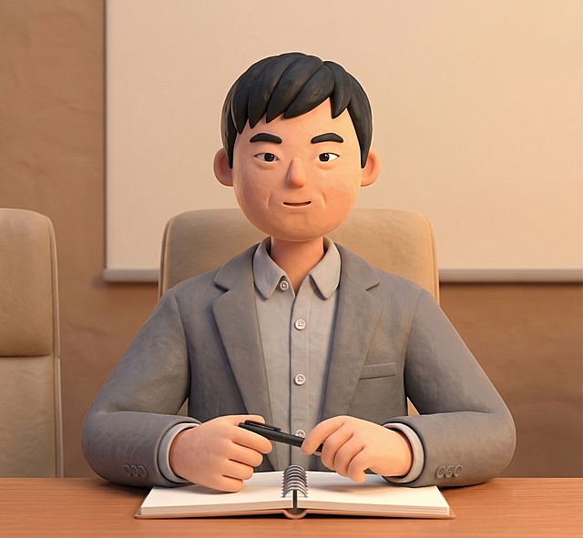 参考图一的3D粘土卡通风格，将图二中的亚洲男性转换为同风格的3D卡通形象，保留图二男士黑色短发发型、面部五官特点、灰色西装搭配浅灰色衬衫的服装细节，以及手持笔放在笔记本上的坐姿动作，柔和粘土质感，只生成上半身胸像