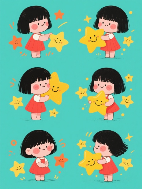 一系列6个不同造型与角度的可爱卡通插画集合，每个插画均包含一位有着黑色短发、齐刘海、脸颊带红晕、穿着红色裙子的小女孩，与一个大的黄色笑脸星星互动，周围环绕小的黄色笑脸星星和橙色星形光芒元素，整体采用纯色背景，保持圆润的线条、明亮的色彩、简洁的造型和温馨欢快的氛围，所有插画规整排布，呈现统一的平面卡通风格。预览效果