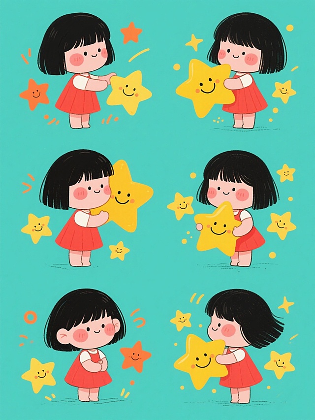 一系列6个不同造型与角度的可爱卡通插画集合，每个插画均包含一位有着黑色短发、齐刘海、脸颊带红晕、穿着红色裙子的小女孩，与一个大的黄色笑脸星星互动，周围环绕小的黄色笑脸星星和橙色星形光芒元素，整体采用纯色背景，保持圆润的线条、明亮的色彩、简洁的造型和温馨欢快的氛围，所有插画规整排布，呈现统一的平面卡通风格。