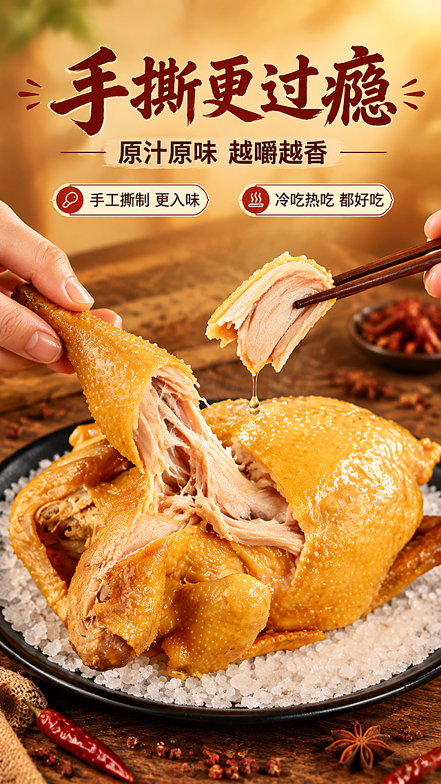 [商品] 使用【图1】广东风味盐焗鸡；保留金黄盐焗色泽、鸡皮纹理与鸡肉质感；将盐焗鸡处理为被手撕/夹取的动态状态，不改变产品颜色和结构。
[画面] 目标：食用动作展示页，强化真实食用感与诱人程度。构图：手部操作型，中近景；一只手（亚洲人手）正在撕取盐焗鸡腿，另一只手用筷子夹起一块鸡肉，动作自然真实；盐焗鸡整只或半只置于黑色盘中，占画面55%，位于画面中下部；鸡肉被撕开的部位露出纤维与汁水；背景为虚化的木质桌面与散落香料；捕捉手撕的动态瞬间。
[视觉] 套系策略：风格=粤式烟火气商业美食摄影；标题字=粗黑体带轻微书法笔触；正文字=简洁无衬线体；主色=暖金橙；背景延展=基于暖金橙做深浅层级、木质纹理、暖黄渐变；强调色=酱红色，仅用于小面积图标、引线和标签；标题色=深棕红；正文色=暖深灰；组件=圆角米白底信息卡、细线引线、香料装饰元素；光影=侧前暖柔光，突出手部动作与鸡肉汁水质感。
[文字] 画面上方主标题"手撕更过瘾"，副标题"原汁原味 越嚼越香"；下方配2个短句："手工撕制 更入味""冷吃热吃 都好吃"；文字置于上部留白，不遮挡手和鸡肉；全部横排，字号保证手机端清晰可读。
[规格] 图片比例9:16竖版，4K，负向提示：避免变形、错字、文字过小、冷蓝背景、手部怪异、产品失真、极限词。