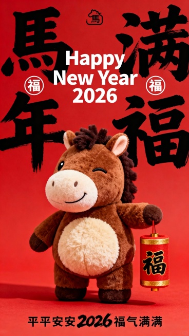 纯正面小马，Q版棕褐配色的拟人毛绒小马公仔（腹部是浅米色毛绒，单眼眯起微笑，鬃毛为深棕短绒质感，圆鼓鼓的肚子），站立，一手提 “福” 字圆柱形灯笼；红色背景，搭配红 / 金（灯笼）；小马公仔位于画面中预览效果