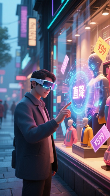 近景，虚实交织街道，消费者佩戴AR眼镜，现实身影清晰，周围线条虚化。橱窗被AR点亮，立体3D商品模型闪烁“直降”价格，互动优惠券环绕。特写消费者指尖触碰橱窗瞬间，数据涟漪扩散，强调光影对比，营造未来感预览效果