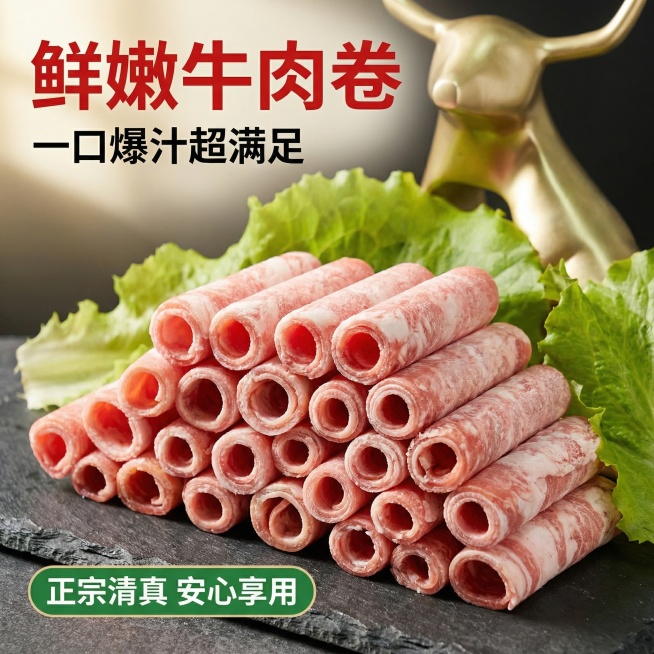 [主图 1] 风味牛肉卷新品首图
[氛围/风格] 生鲜美食高清实拍风格，自然暖光，突出食欲感和新鲜度
[画面元素] 风味牛肉卷在画面中心完整展示，保留产品原有堆叠造型，搭配生菜和金牛装饰，背景为深色质预览效果
