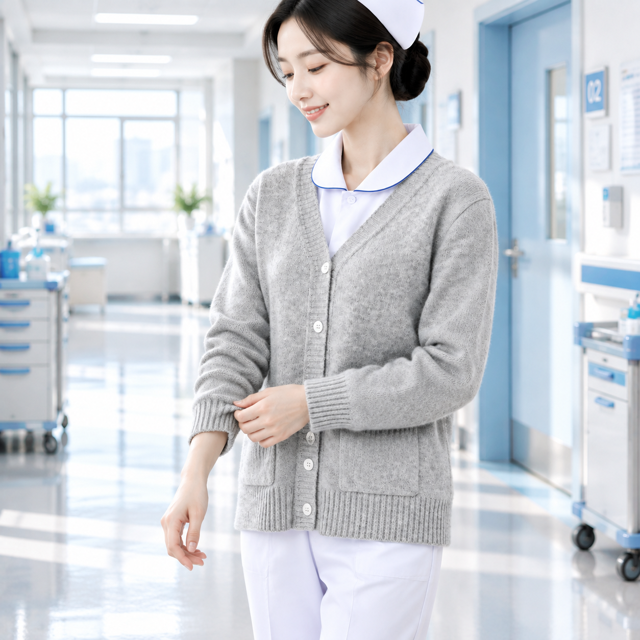 同一位亚洲年轻女护士，穿着同款浅灰色V领五扣针织开衫（内搭白色… - 图片创意预览