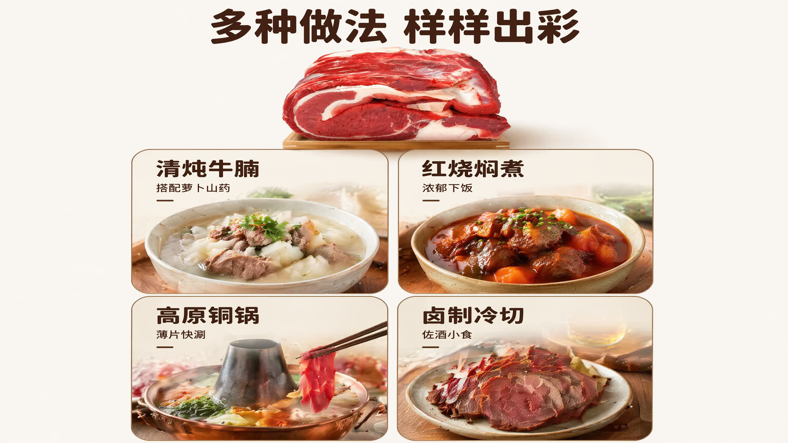 [第7屏] 多类烹饪做法篇-展示清炖/红烧/涮肉/卤制四种吃法… - 图片创意预览