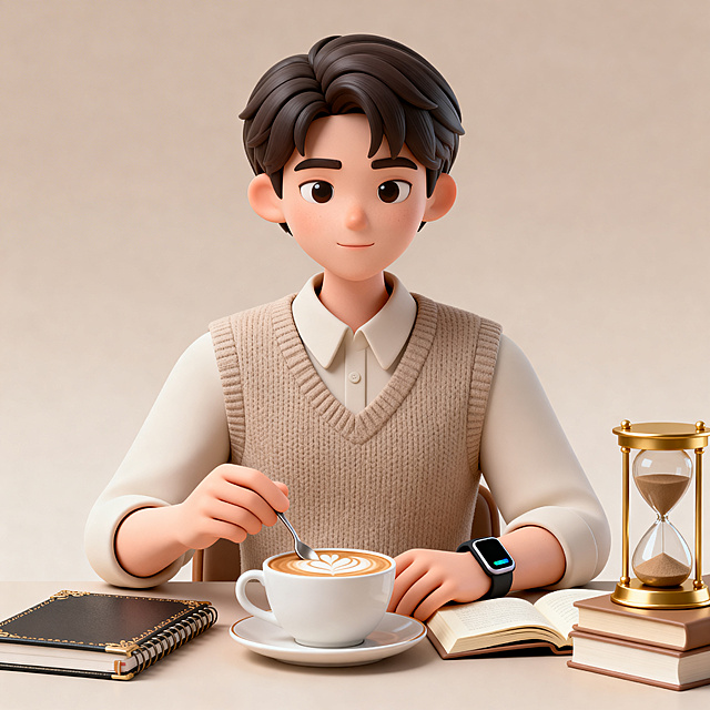 优雅从容的年轻中性形象人物，短发整齐，穿着简约衬衫和针织背心，坐在午后书房里。面前摆着一杯带有简单拉花的精致拿铁咖啡，人物正用小勺轻轻搅动，旁边放着一本打开的书和一个精致笔记本。手腕上戴着智能手环，桌上还有一个沙漏，人物表情平和从容。背景为极简纯色，淡卡其色渐变搭配咖啡奶白色与沙漏金色点缀，整体氛围优雅闲适。趣味3D插画风格，C4D渲染，OC渲染，Blender建模，柔软光线，马卡龙色系，光滑黏土材质，影棚打光，超细节，人物居中半身呈现