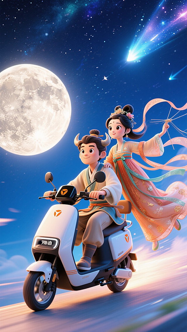 牛郎骑着雅迪电动车载着织女驶向月球，人物：大眼睛古代装扮，蓝色星空，浪漫感氛围，流星闪过