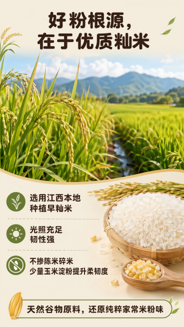 [第6屏] 原料选材页，江西干米粉优质籼米原料介绍。[氛围/风格] 天然农田风，真实质朴，突出原料优质属性。[元素布局] 顶部主标题，中上区域放江西稻田实景图，下半部分放正文文字，标语放最底部。[光影预览效果