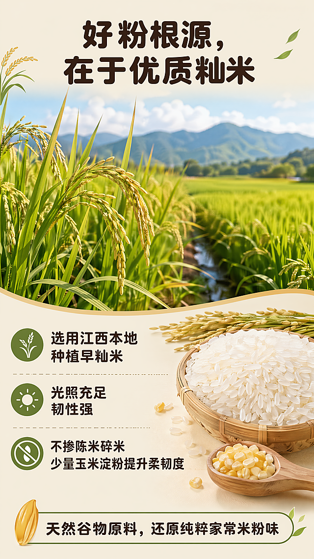 [第6屏] 原料选材页，江西干米粉优质籼米原料介绍。[氛围/风格] 天然农田风，真实质朴，突出原料优质属性。[元素布局] 顶部主标题，中上区域放江西稻田实景图，下半部分放正文文字，标语放最底部。[光影质感] 自然光感，稻田画面清新明亮，文字区域干净通透。[配色色系] 全局底色：#F5F0E6；主体配色：#4F7942（稻田绿）+#F2C35A（米粒黄）；辅助色：#2C1810（文字）。[视角构图] 上文下图，稻田图占上半部分，文字在下半部分，排版舒展。[文字版式] 延续圆角粗黑深棕色纯色字。主标题"好粉根源，在于优质籼米"顶部居中；正文：选用江西本地种植早籼米，光照充足韧性强，不掺陈米碎米，少量玉米淀粉提升柔韧度；标语"天然谷物原料，还原纯粹家常米粉味"放底部。文字清晰，手机端可读。[比例分辨率] 9:16竖版，4K，文字清晰。[负向提示词] 画面变形，文字错乱，排版杂乱