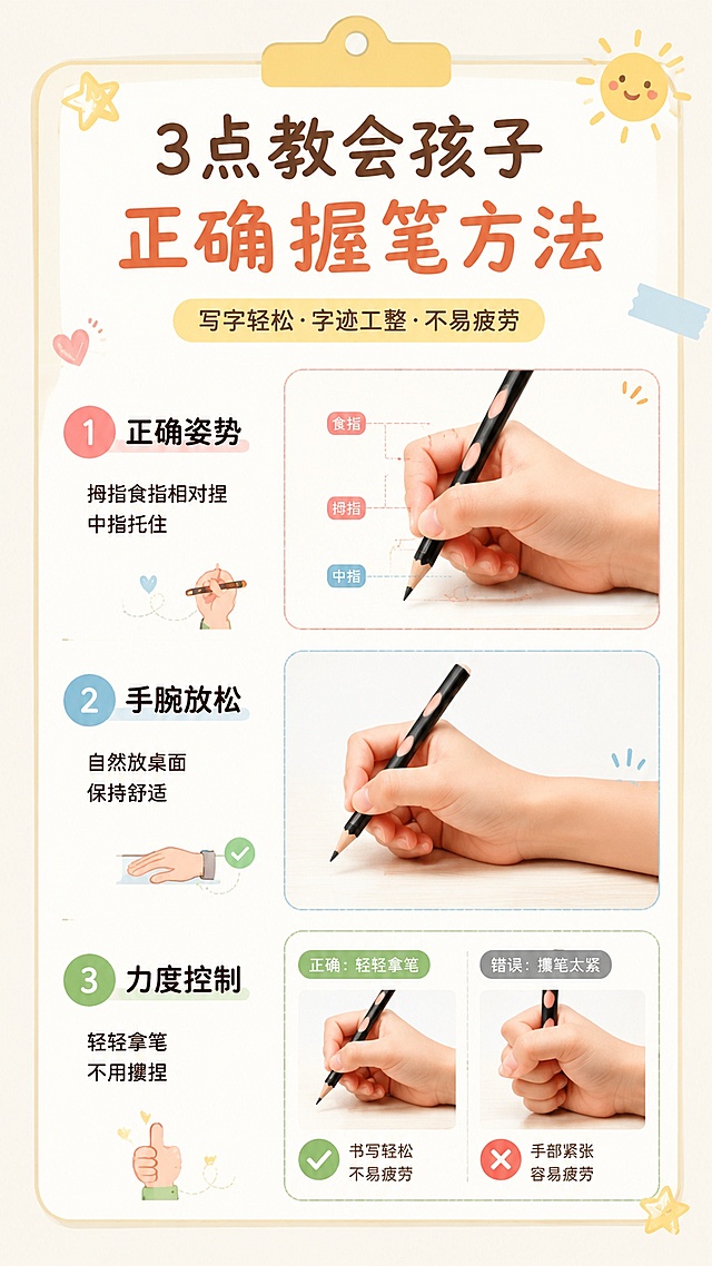 小红书方法干货图，分三点正确握笔方法：1正确姿势拇指食指相对捏中指托住 2手腕放松自然放桌面 3力度控制轻轻拿笔不用攥掐，配示意图，小红书亲子教育风格，清晰美观