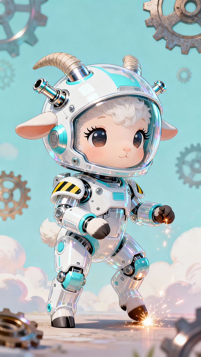 Anime chibi style, a baby goat wearing miniature mechanical armor. The armor has cute rounded edges but clear metallic texture, painted in soft white and sky blue with tiny hazard stripes on the shoulders. Its horns are replaced with tiny telescopic impact pistons that gleam. Big, curious eyes with long eyelashes peek out from under a helmet that's slightly too big. It stands in a playful pose, but one hoof taps impatiently, producing tiny sparks. Soft lighting, pastel background with floating gears and clouds. Kawaii mecha aesthetic.
