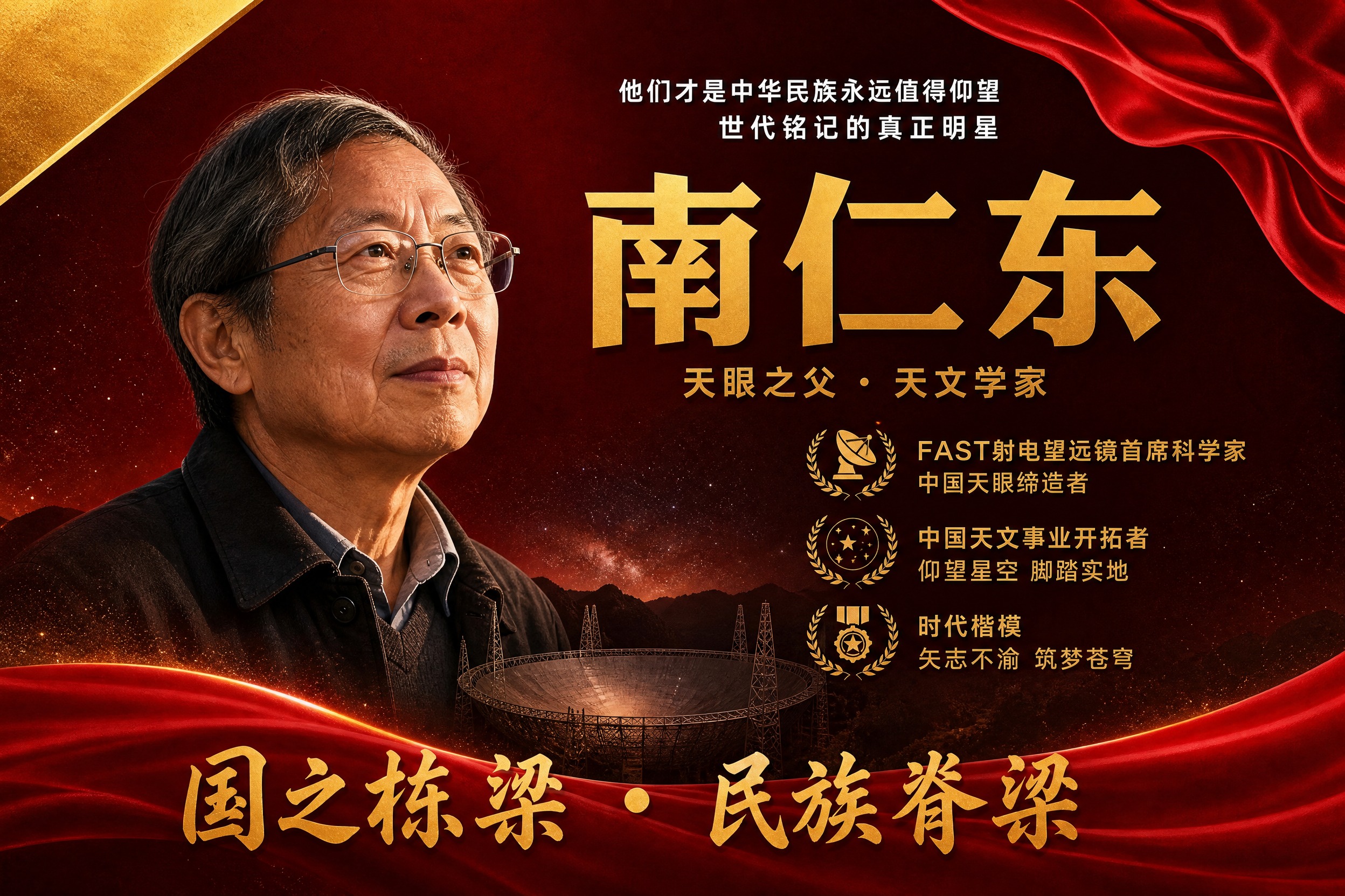 横版国之栋梁人物挂画海报，南仁东主题，参考图风格复刻，红金配色… - 图片创意预览