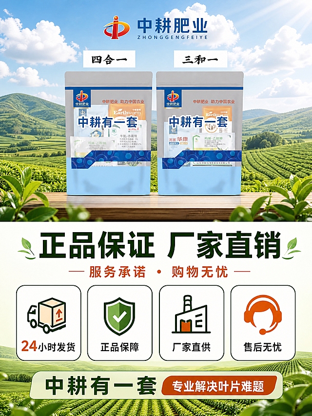 [商品] 使用【图5】四合一三合一两款中耕有一套灰色大袋产品；保留产品外观、颜色、材质、Logo、包装文字完全一致。
[画面] 第8张 服务保障 售后承诺；上下分栏构图，上方产品小图和品牌，中间服务承诺，底部品牌标语；产品占画面约30%居上方中间；背景为绿色农田和蓝天白云 清新可信；中间四个服务图标横排。
[视觉] 套系策略：风格=农业简约风 信任保障感；标题字=粗黑体 大气醒目；正文字=清晰黑体；主色=绿色；背景延展=绿色田野 蓝天白云 清新自然 信任感；强调色=橙红色 用于重点；标题色=深绿色；正文色=深灰黑色；组件=服务图标 盾牌 卡车 优惠券 电话 圆角卡片；光影=明亮自然光 温暖可信。
[文字] 顶部 中耕肥业 Logo和品牌名；中间大标题 正品保证 厂家直销 深绿色粗黑体最大号；副标题 服务承诺 购物无忧 橙红色；下方四个服务图标横排 24小时发货 正品保障 厂家直供 售后无忧；底部 中耕有一套 专业解决叶片难题；全部横排文字。
[规格] 图片比例3:4竖版，4K，避免变形、错字、文字过小、产品颜色改变、虚假功效承诺、绝对化用语、第三方联系方式。