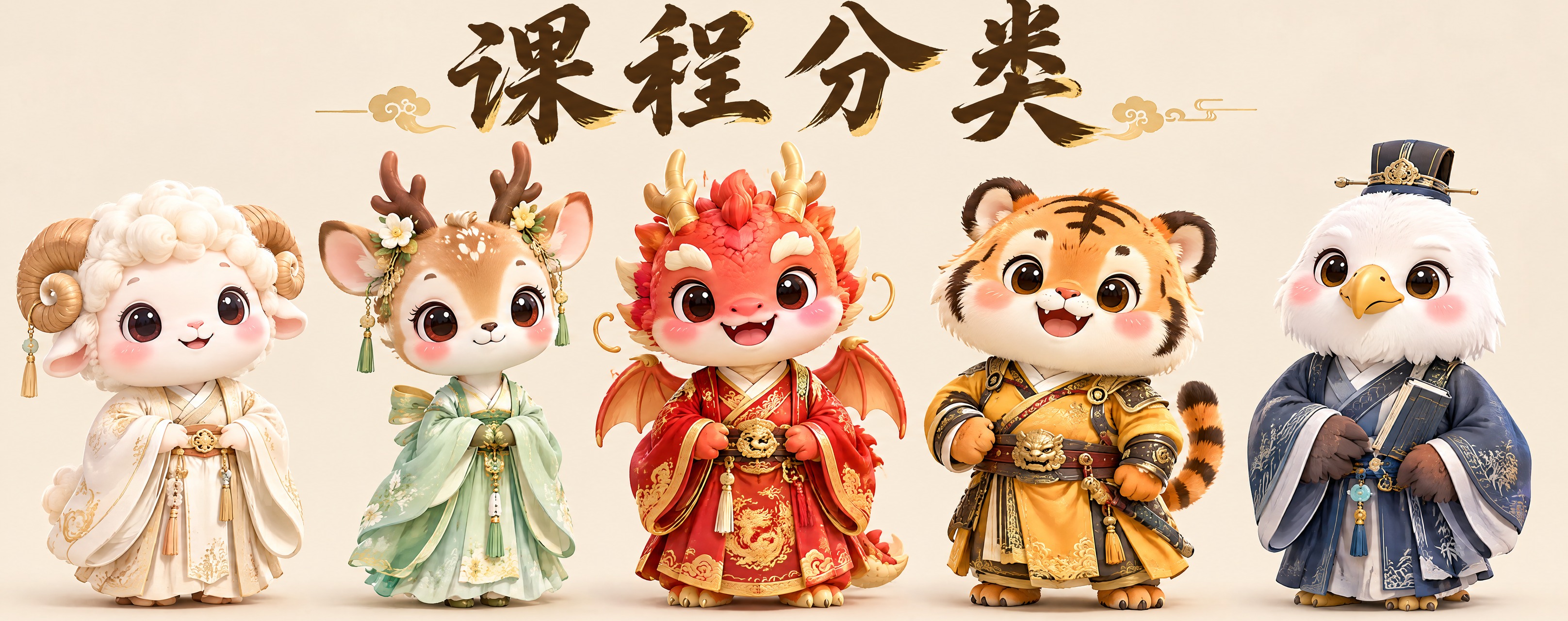 五只可爱的Q版神兽并排站立，浅米色简洁背景，上方有课程分类四个… - 图片创意预览