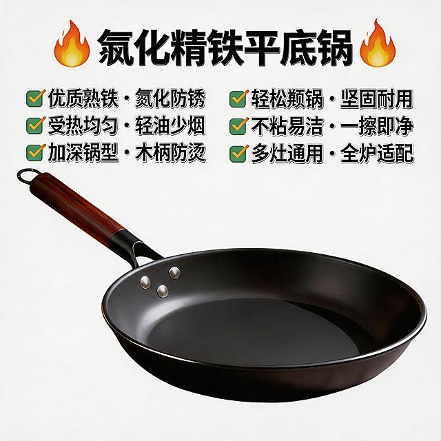 平底锅，卖点：优质熟铁，氮化防锈，轻松颠锅，坚固耐用，锅面受热均匀，轻油少烟，不易粘锅，加深锅型，木柄防烫，一擦即净，多灶通用。现代厨房科技风，适配淘宝天猫平台，商品主图，1:1构图