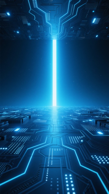 深邃科技感背景，以渐变深蓝与靛蓝为主色调，中央明亮的蓝白色光芒向上发散形成视觉焦点，地面由发光的网格线路与点阵构成延伸至远方，两侧对称分布着复杂的电路板纹路与流动的蓝色光点，整体呈现出未来感十足的数字空间场景，光线柔和且具有层次感，营造出神秘而充满科技能量的氛围，突出智能科技的主题。预览效果
