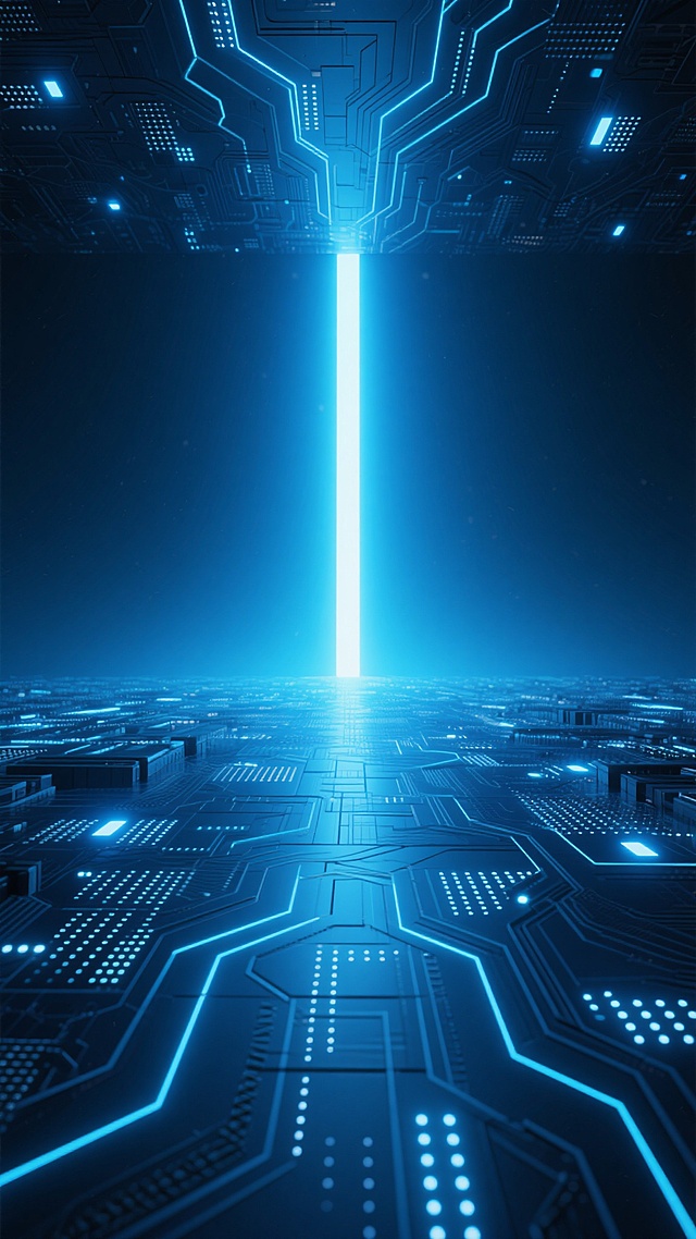 深邃科技感背景，以渐变深蓝与靛蓝为主色调，中央明亮的蓝白色光芒向上发散形成视觉焦点，地面由发光的网格线路与点阵构成延伸至远方，两侧对称分布着复杂的电路板纹路与流动的蓝色光点，整体呈现出未来感十足的数字空间场景，光线柔和且具有层次感，营造出神秘而充满科技能量的氛围，突出智能科技的主题。