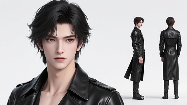 生成全身三视图以及一张面部特写（最左边占满三分之一的位置是超大的面部特写，右边三分之二放正视图、侧视图、后视图，纯白背景）
3D 写实渲染男性角色，20 岁左右，身高 185cm，体型匀称偏瘦，肌肉线条流畅紧实，少年感与冷冽英气并存，气质冷静内敛藏桀骜，电影级光影，面部轮廓精致立体带柔光滤镜。纯黑色中长发至耳下 3cm，自然慵懒卷度，头顶蓬松层次分明，斜分八字刘海遮盖 1/5 额头，鬓角利落，后颈发丝自然垂落，风吹带轻微飘动弧度。窄长鹅蛋脸，下颌线清晰带浅棱角，冷调浅麦色皮肤细腻有光泽，毛孔可见无瑕疵，手腕指节带轻微薄茧，面部含极淡健康红晕。丹凤眼放大 10%，眼尾上挑 12°，眼白瓷白无血丝，虹膜深褐底缀细微金纹（强光下绽放），竖椭圆形瞳孔锐利，睫毛纤长浓密，眼尾带淡卧蚕。剑眉深棕黑，眉峰明显，眉形纤细英挺，根根分明。高挺鼻梁直挺，鼻尖圆润带高光，鼻翼窄而精致。薄厚适中唇形，上唇微翘，唇色淡棕，唇线清晰无明显唇纹，常态嘴角平直显淡漠，笑时带痞帅感。上身着墨黑色长款哑光头层软牛皮风衣（过膝 5cm），衣摆侧边开叉，内衬深灰真丝（领口露 1cm），衣身压印秦代回形暗纹。内搭白色修身针织衫，柔软贴肤。配饰：银白色项链，带氧化痕迹，黑色棉绳挂至胸口。脚穿黑色高帮哑光皮靴（与风衣同材质），靴面有细微车缝线，鞋头圆润，防滑橡胶鞋底带复古纹路，黑色打蜡鞋带系简洁蝴蝶结。参考《鬼泣 5》但丁风衣质感 +《咒术回战》乙骨忧太颜值，PBR 材质，超写实细节，突出冷冽贵气与沉稳热血。