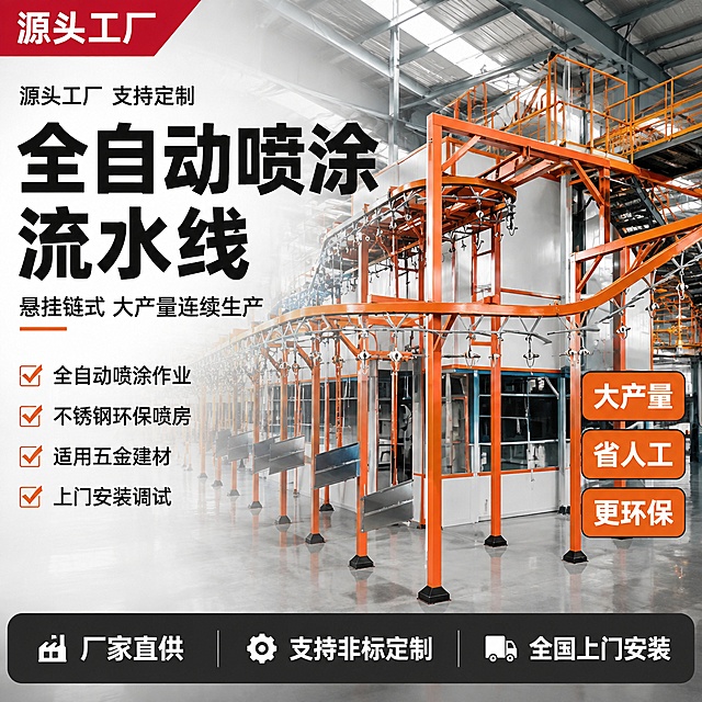 [单张主图] 全自动悬挂式喷涂流水线工业设备爆款主图，淘宝/天猫1:1方图，突出源头工厂专业感与大产量优势。
[画面主体] 画面中心偏右展示完整的悬挂链式喷涂流水线设备，橙红色钢架结构+橙色悬挂输送轨道+白色不锈钢喷房主体，悬挂吊钩上挂着金属工件正在输送，设备规模宏大、结构清晰；保持产品外观（物理结构、材质质感、橙红钢架颜色、白色喷房、悬挂轨道形态）与输入产品图一致，杜绝任何变形和色差，精细化处理金属光泽与钢架结构；商品主体占画面约60%，设备从近景延伸到远景形成纵深感。
[构图版式] 采用「左文右品标签参数型」爆款版式。左侧35%-40%区域为文案信息区，右侧60%为设备主体展示区；顶部留品牌位，中部主标题+核心卖点，底部通栏信息条收口。
[场景元素] 背景为现代化工业厂房内部，浅灰色环氧地坪，顶部钢结构厂房梁架，光线明亮通透；设备周围有轻微的工业环境细节（楼梯、护栏、操作平台），但背景做适度虚化突出主体；地面有设备真实投影，光影自然。左上角放置「源头工厂」红色角标。右侧设备主体前方悬浮3个小型图标卖点卡片，分别对应不同优势。
[文案版式] 左上第一行小字「源头工厂 支持定制」，第二行超大粗黑主标题「全自动喷涂流水线」，第三行稍小副标题「悬挂链式 大产量连续生产」。主标题下方排列4组勾选式卖点短句，左对齐：「全自动喷涂作业」「不锈钢环保喷房」「适用五金建材」「上门安装调试」。底部通栏深灰色底白字，左侧「厂家直供」，中间「支持非标定制」，右侧「全国上门安装」。右侧设备旁有3个橙底白字小标签：「大产量」「省人工」「更环保」。所有文字清晰可读，无逗号，横排左对齐，字体为现代粗黑体，主标题字号最大，辅助文案缩小50%以上。
[光影质感] 主光从左上方45度射入，模拟厂房天窗自然光，光线明亮柔和；钢架结构边缘有清晰高光，白色喷房有漫反射质感，金属轨道有反光；地面有柔和投影，景深中等，背景适度虚化突出主体设备；整体画面干净通透，工业专业感强，无廉价HDR效果。
[配色字体] 主色调：冷灰色（厂房背景、地坪）；辅助色：橙红色（设备钢架、强调标签）；强调色：白色（喷房、文字）、深灰（底栏）。字体：粗黑无衬线体，主标题厚重有力，辅助文案清晰易读，整体视觉专业硬朗。
[比例分辨率] 1:1比例，2048px*2048px，2K分辨率，文字清晰锐利，超高清商业工业摄影质感。
[负向提示词] 变形，文字错乱，产品图模糊，背景杂乱，水印，电商平台Logo，人物面部扭曲，多余的手，畸形结构，钢架变形，色差严重，悬浮感，硬切边缘。
