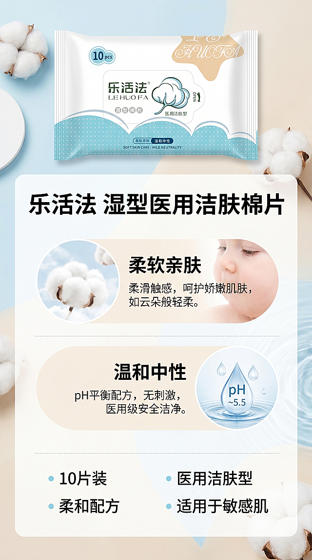 为乐活法湿型医用洁肤棉片生成产品详情页，展示产品包装，突出柔软亲肤、温和中性特点，排版清晰自然