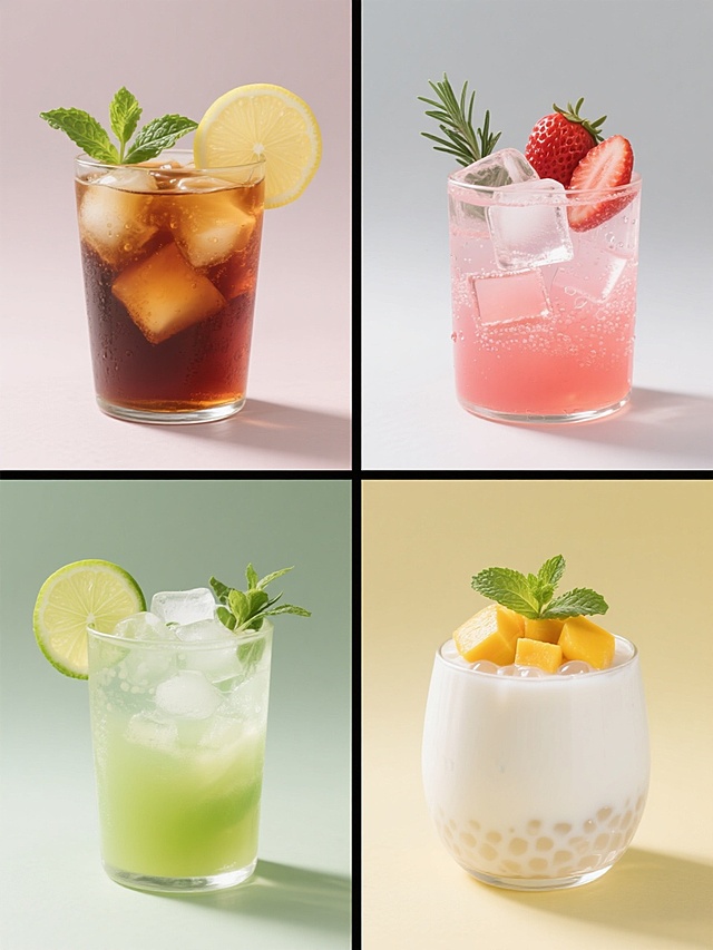 四宫格规整排布的高写实饮品摄影，每张图均为纯色背景，保持通透玻璃器皿、立方体冰块、切片水果装饰、新鲜草本点缀的元素类目，第一张为深琥珀色冰红茶配柠檬片与薄荷叶，第二张为亮粉色草莓气泡水配新鲜草莓与迷迭香，第三张为青绿色莫吉托鸡尾酒配青柠角与碎冰，第四张为乳白色椰奶西米露配芒果块与薄荷叶，统一采用高清晰度、柔和侧光、清晰水珠纹理、通透液体质感、锐利对焦的商业摄影风格，背景分别为浅灰、浅粉、浅绿、浅黄的纯色渐变，整体保持一致的光影逻辑与构图比例。