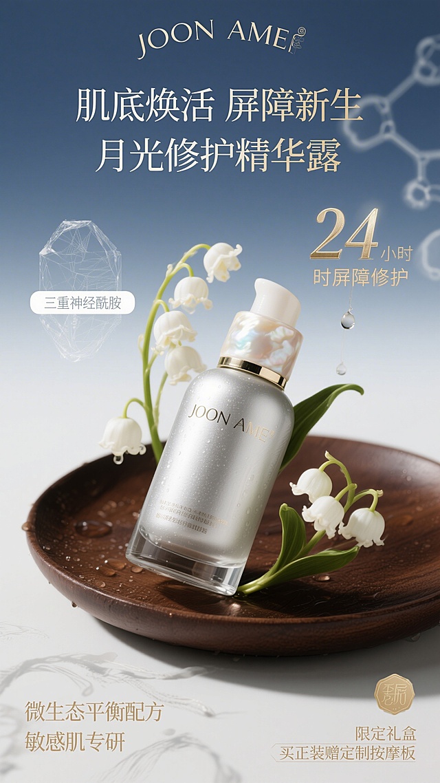 特写镜头，JOON AME品牌的月光银磨砂玻璃瓶身沐浴在晨露微光中，瓶口镶嵌着珍珠母贝质感的按压泵，静静斜倚在覆满露水的深褐橡木托盘上。瓶身周围环绕着三簇立体绽放的铃兰——其中两朵正以肉眼可见的速度舒展花瓣，第三朵则凝结着一滴欲坠的露珠。背景是渐变的雾蓝与象牙白交织，悬浮着若隐若现的植物分子结构线稿。左侧水晶标签镌刻"三重神经酰胺"，右侧悬浮着鎏金字体"24小时屏障修护"。海报顶部弧形排列"肌底焕活 屏障新生 月光修护精华露"，底部以水墨笔触勾勒"微生态平衡配方"与"敏感肌专研"的烫银文字，右下角淡金色印章标注"限定礼盒 买正装赠定制按摩板"。