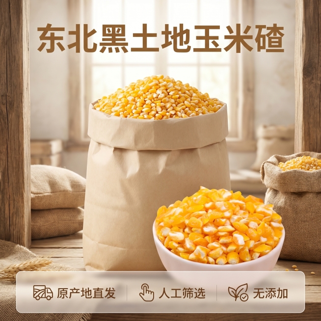 [主图 5] 品质承诺转化图，产品整体展示加服务承诺。
[氛围风格] 质朴接地气，清晰直观，农家风
[画质] 商业摄影质感、光线柔和通透、产品清晰真实、画面干净高级
[元素] 袋装玉米碴产品居中展示，预览效果