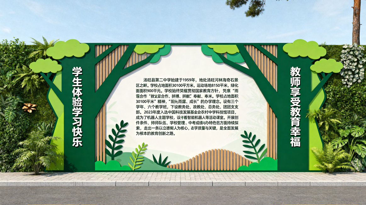 汤旺县第二中学校园门口文化墙设计，自然生态风格，整体和谐自然的对称布局。中间区域放置学校介绍文字："汤旺县第二中学始建于1959年，地处汤旺河林海奇石景区之畔。学校占地面积30100平方米，运动场地8预览效果